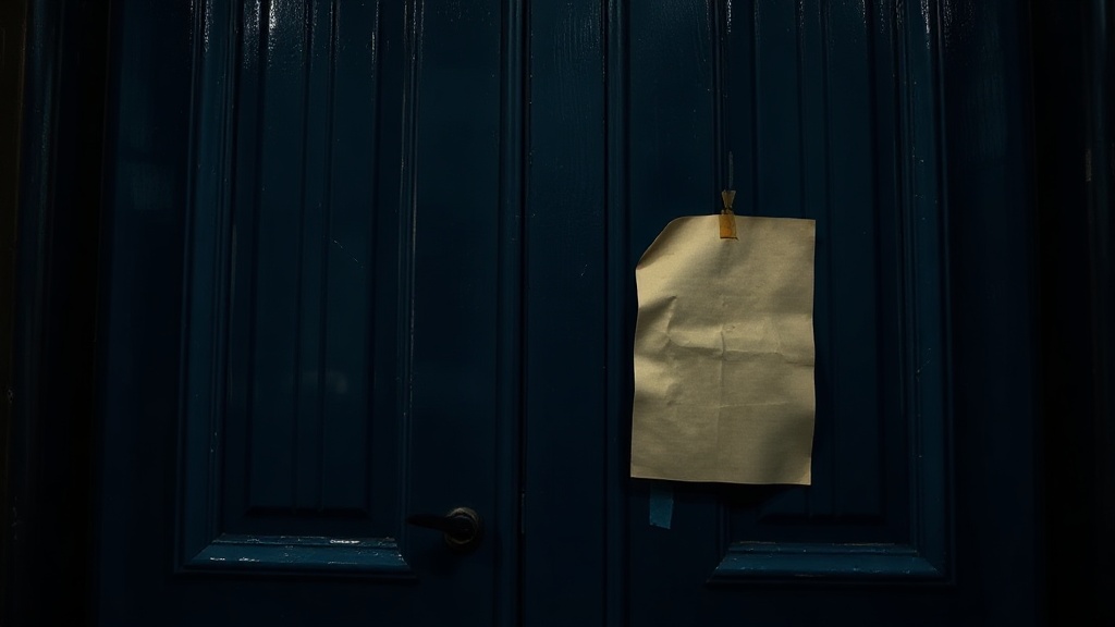 Doorway with taped note in evening light